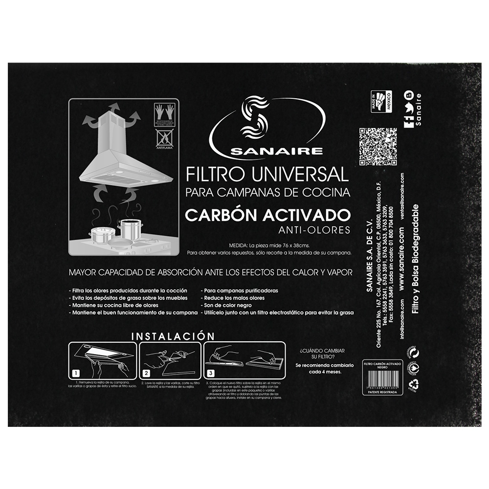 Filtro Campana Universal 50x30cm Carbon Activado Y Tela